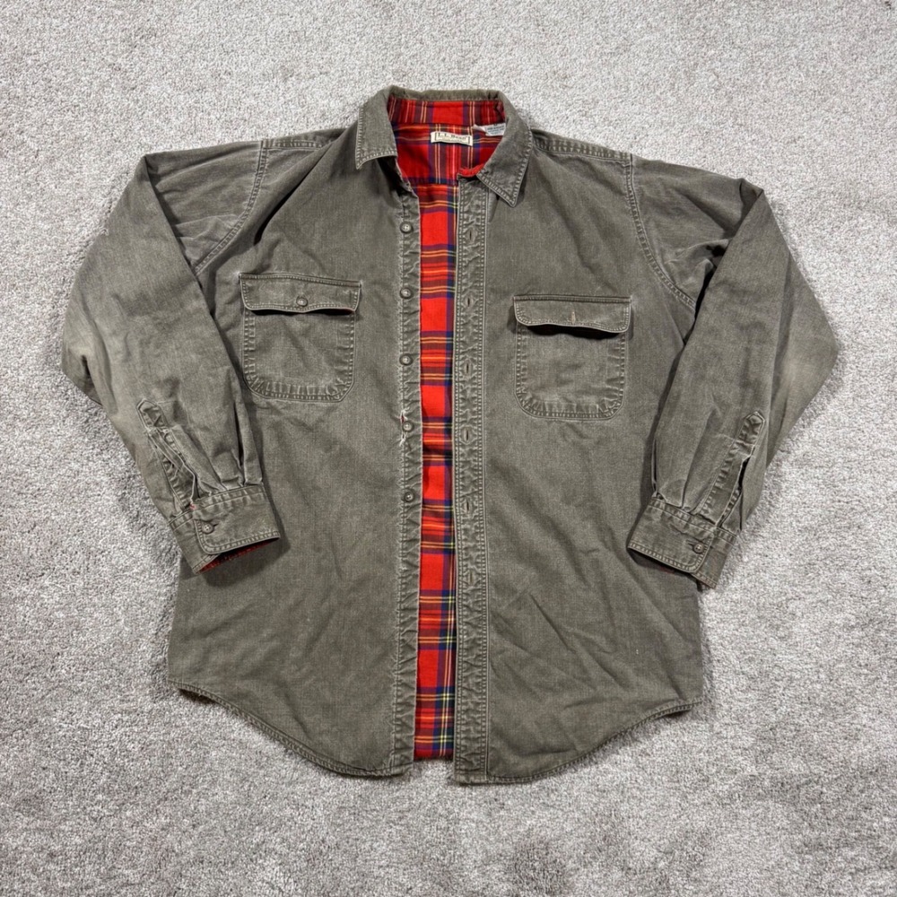 Vintage LL Bean Chamois Shirt Jacket Plaid Lined Olive Green Mens M Tall USA